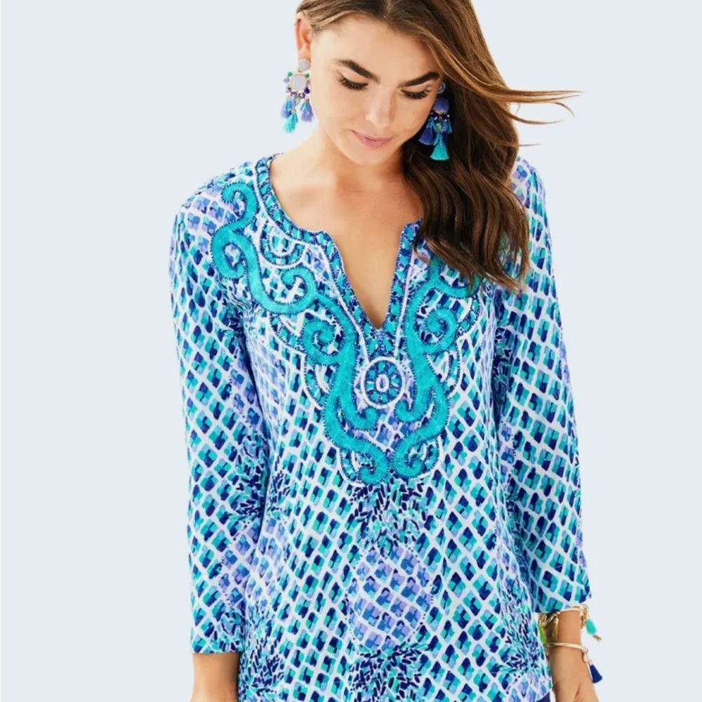 Lilly Pulitzer Pineapple Amelia Island Beaded Tunic Sz XS